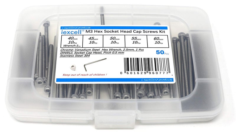 iexcell مجموعة براغي رأس سداسي من الفولاذ المقاوم للصدأ 304 بحجم 50 قطعة M3 x 40/45/50/55/60 مم مع خطوة خيط 0.5 مم - Image 1